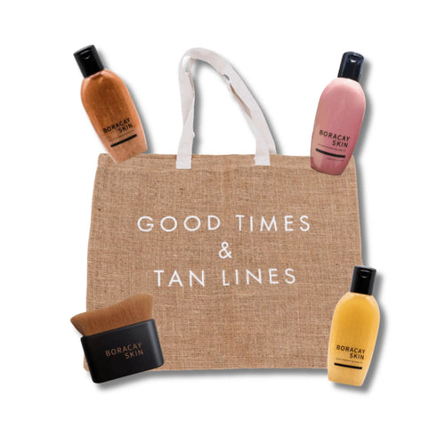 Boracay Skin Glow Getter Bundle featuring three shimmering body oils, a jute beach tote bag, and a kabuki brush